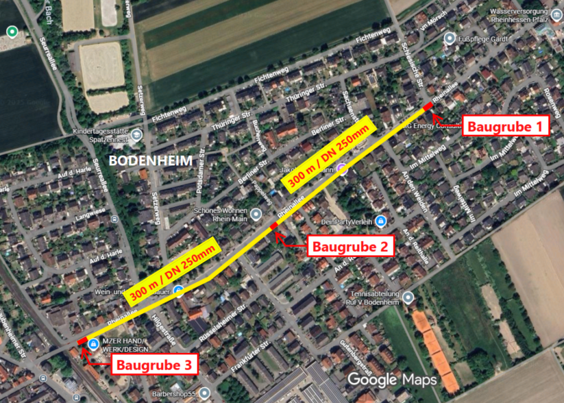 Satellite map of Bodenheim showing three marked construction sites connected by a highlighted route.