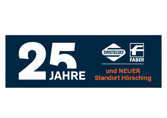 Banner celebrating 25 years and a new Swietelsky location in Hörsching, with Faber logo.