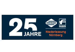 Grafik zum 25-jährigen Jubiläum der Niederlassung Nürnberg mit den Logos von Swietelsky und Faber.