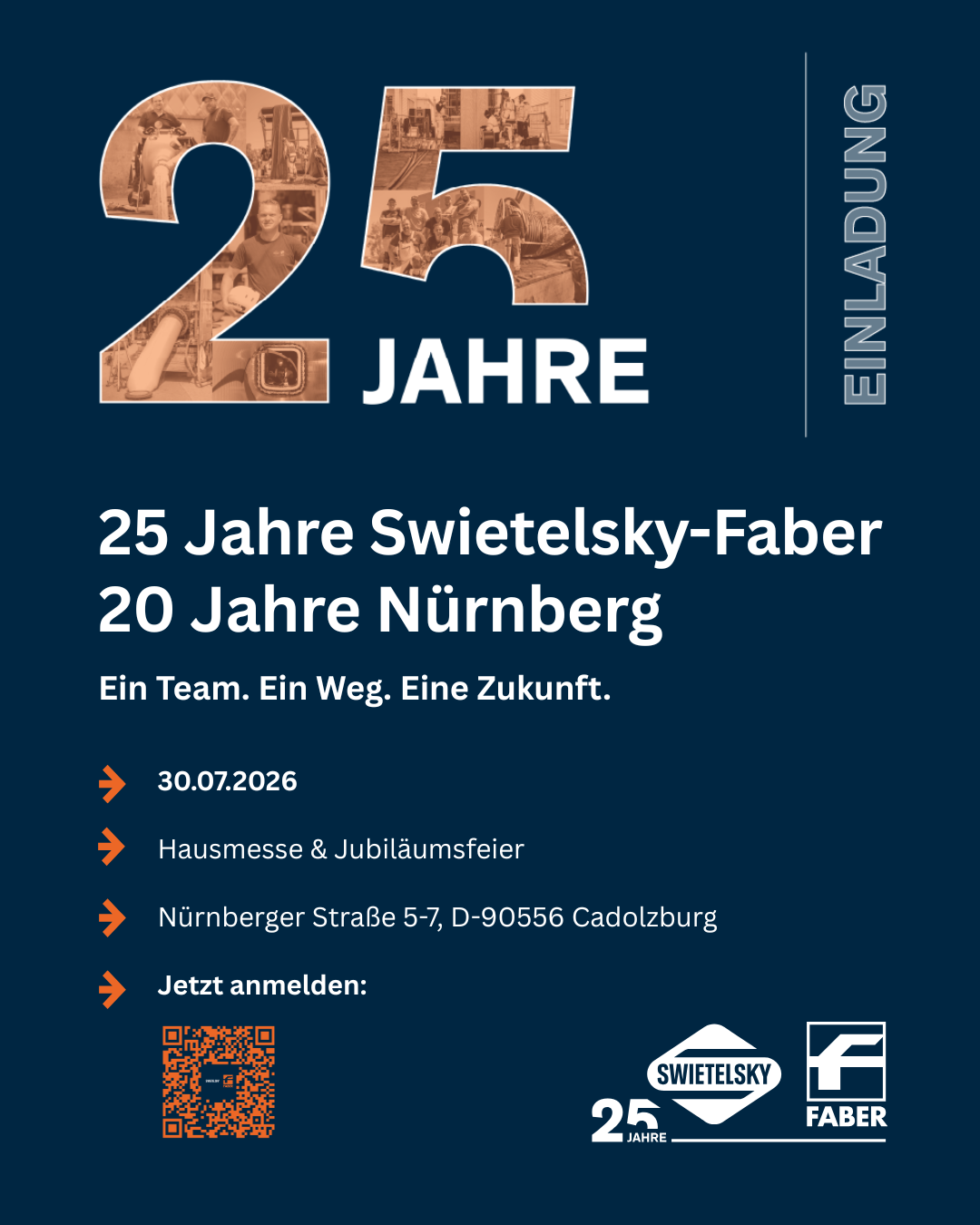 Plakat zum 25-jährigen Jubiläum von Swietelsky-Faber und 20 Jahren in Nürnberg mit Termindaten und QR-Code zur Anmeldung.
