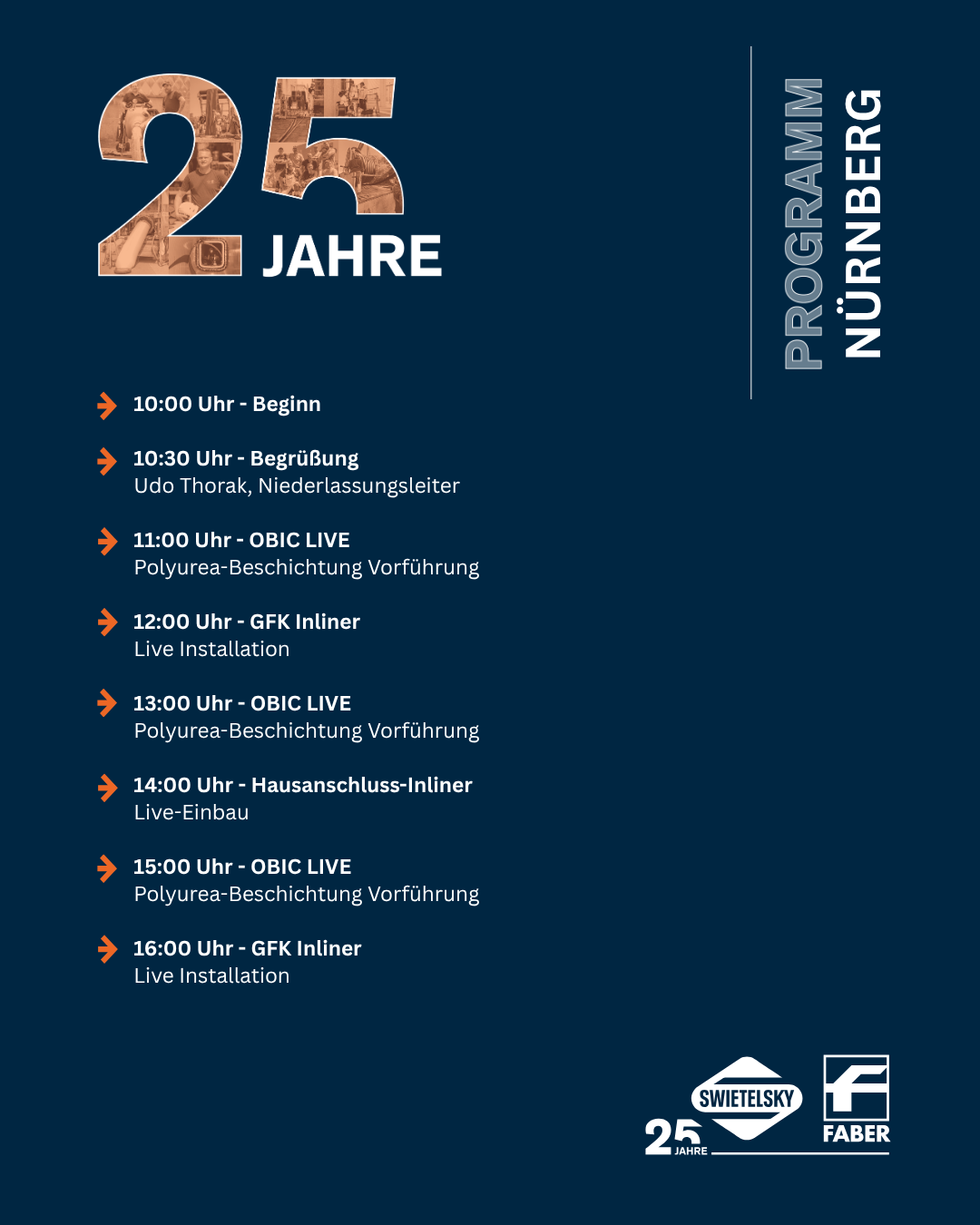 Dunkles Jubiläumsposter zum 25-jährigen Programm in Nürnberg mit Zeitplan und Logos unten.